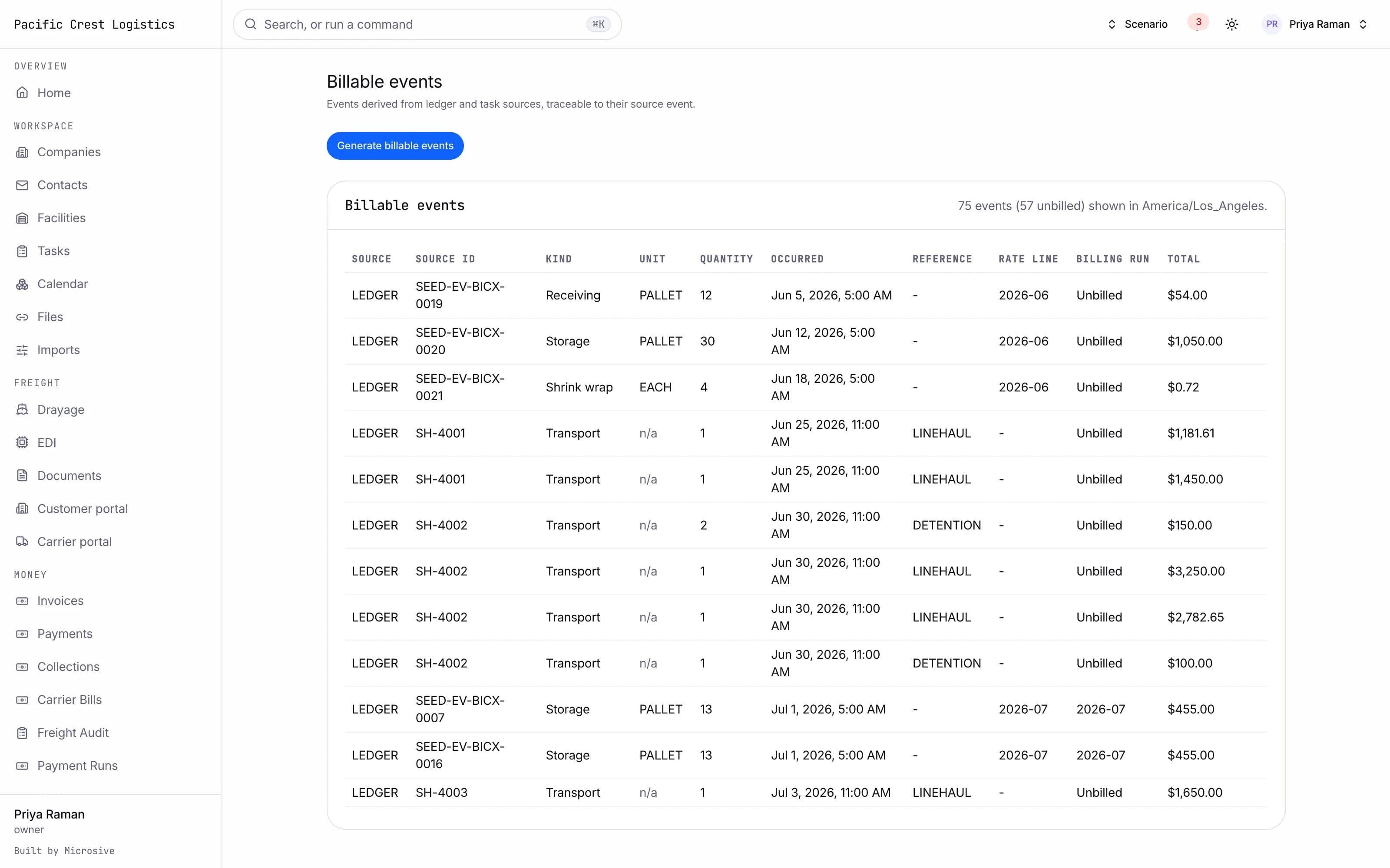 Rate card beside the billable event it produced