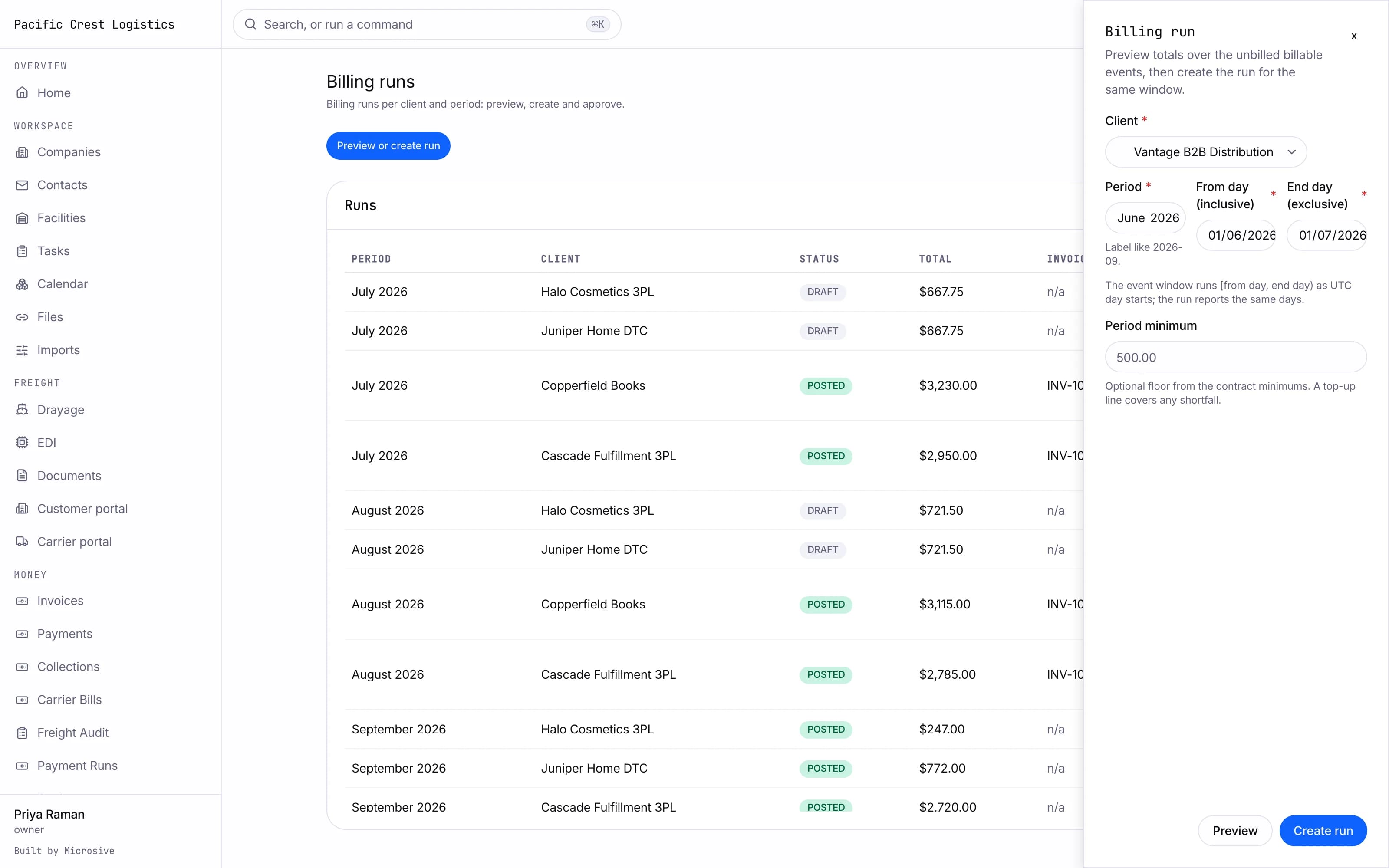 Billing run preview with charges, credits and net by service kind