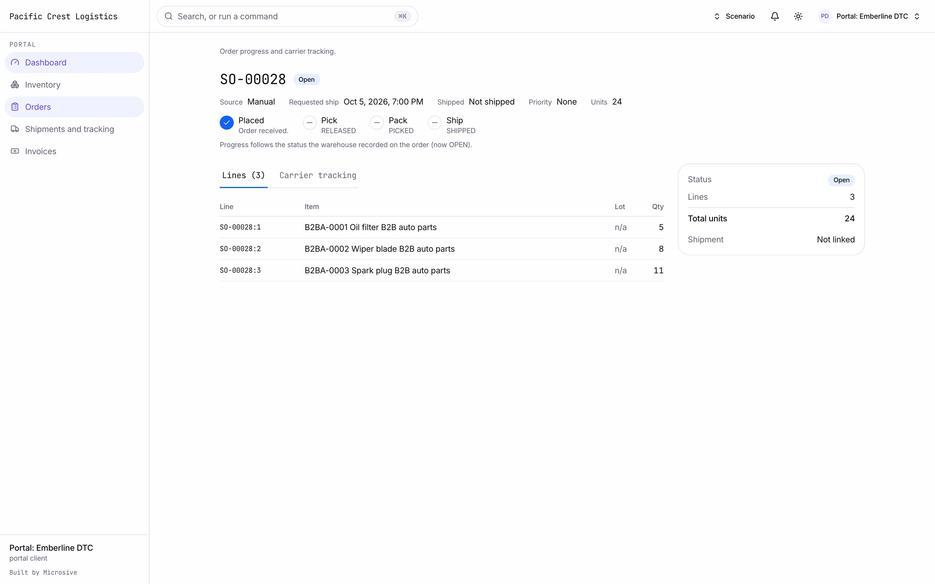 Portal order moving through pick, pack and ship with tracking
