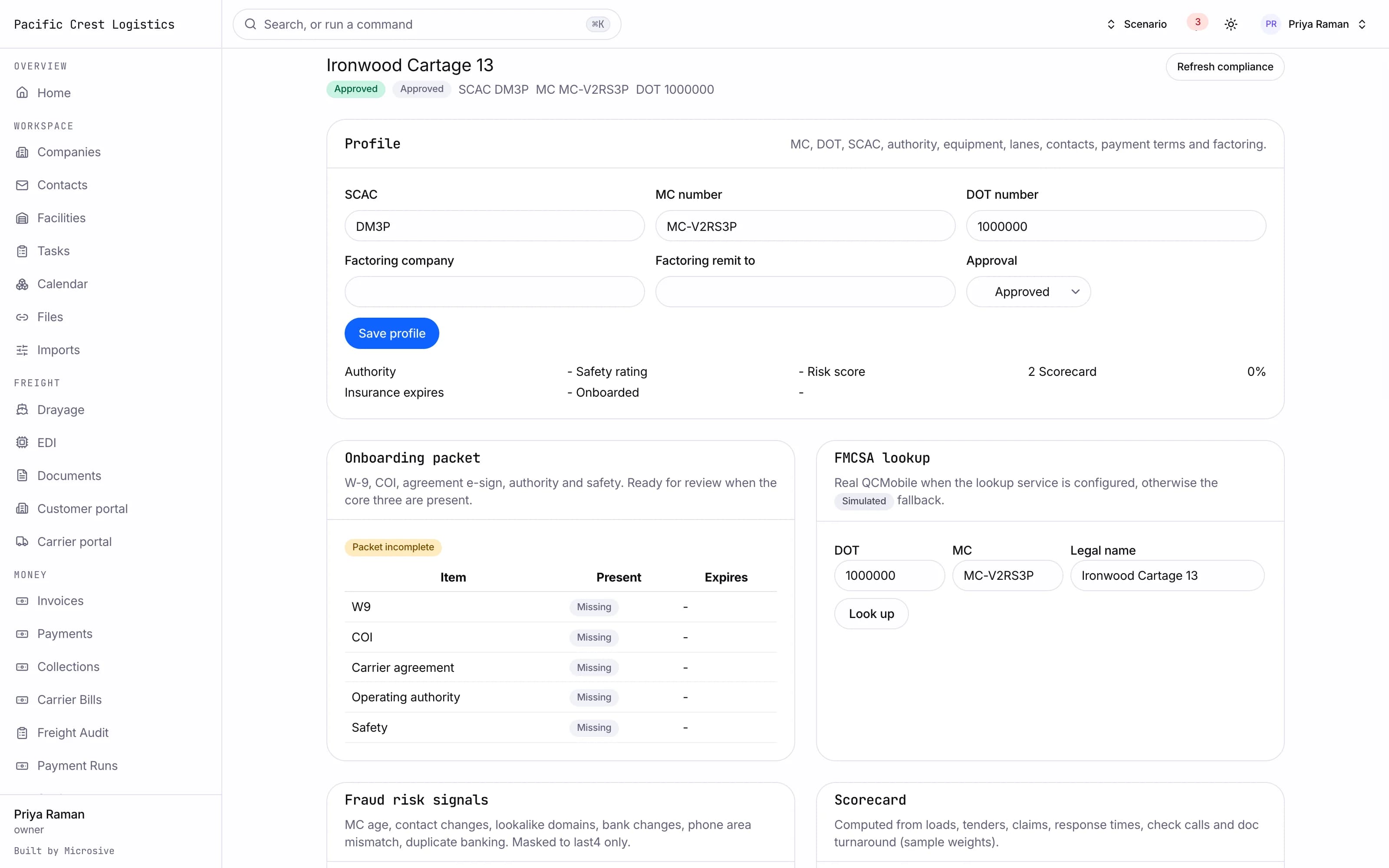 Onboarding packet with document status per carrier