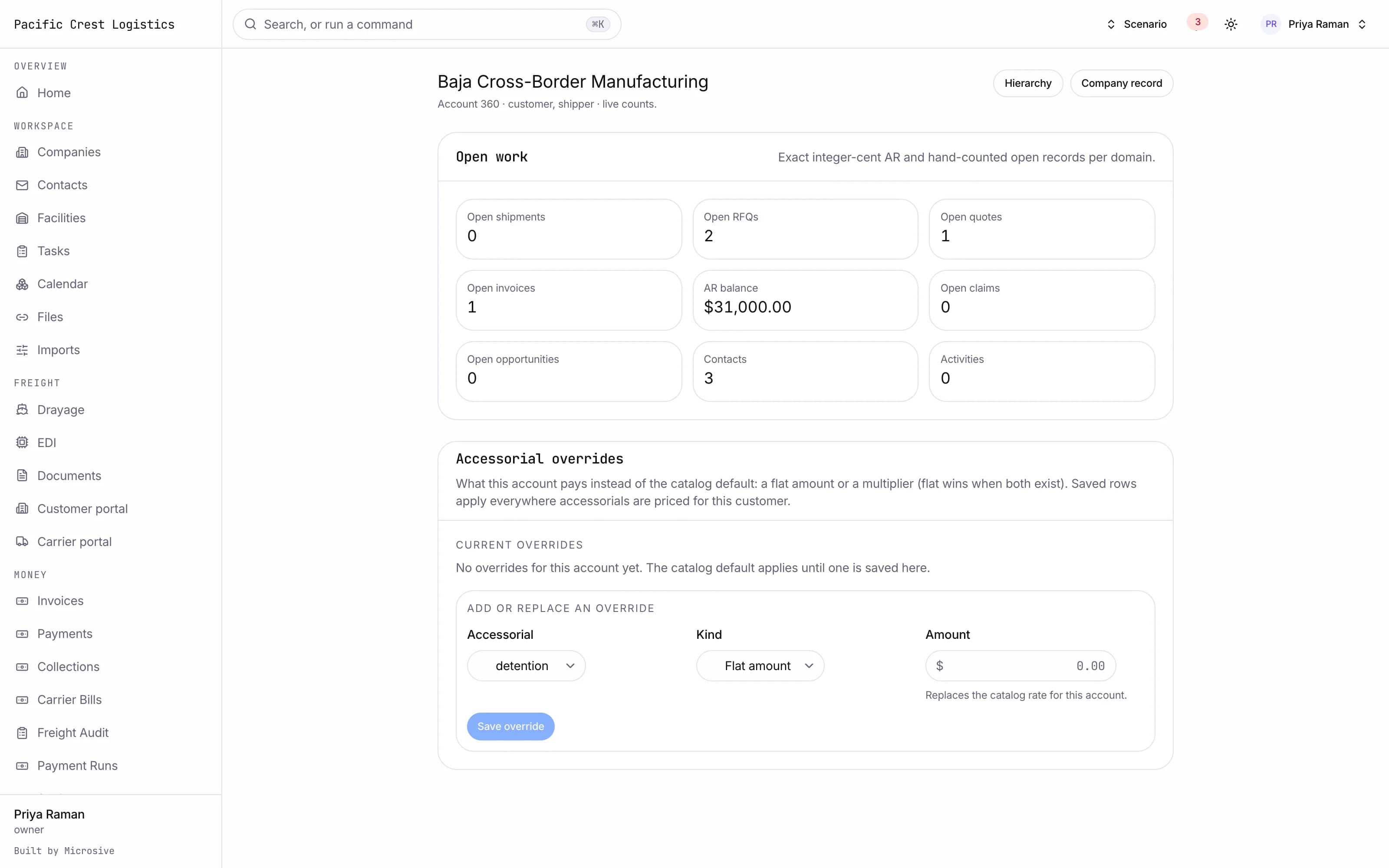 Account 360 page with open shipments, quotes and invoices beside the contact timeline