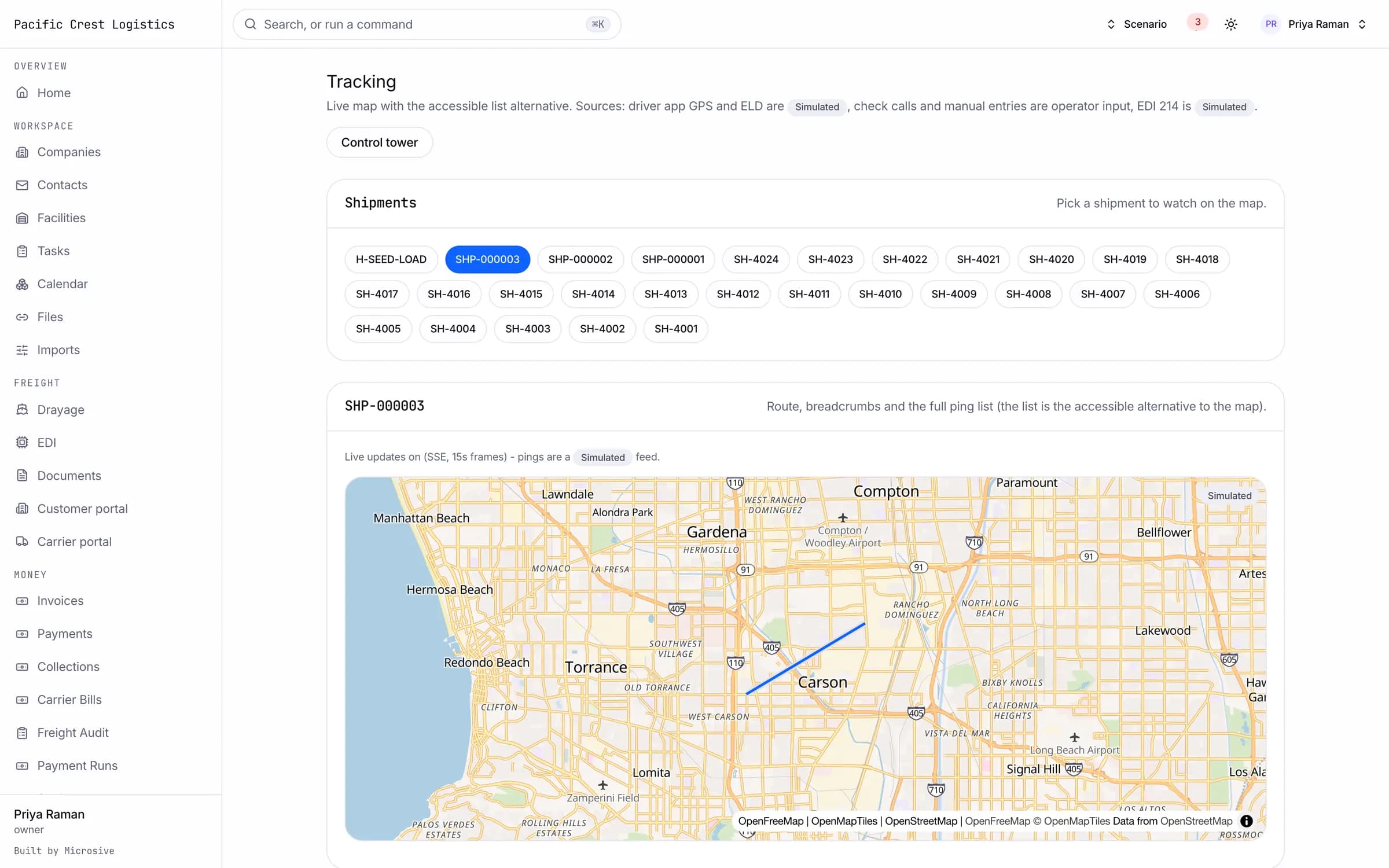 Live tracking map with a shipment route, breadcrumbs and the shipment list