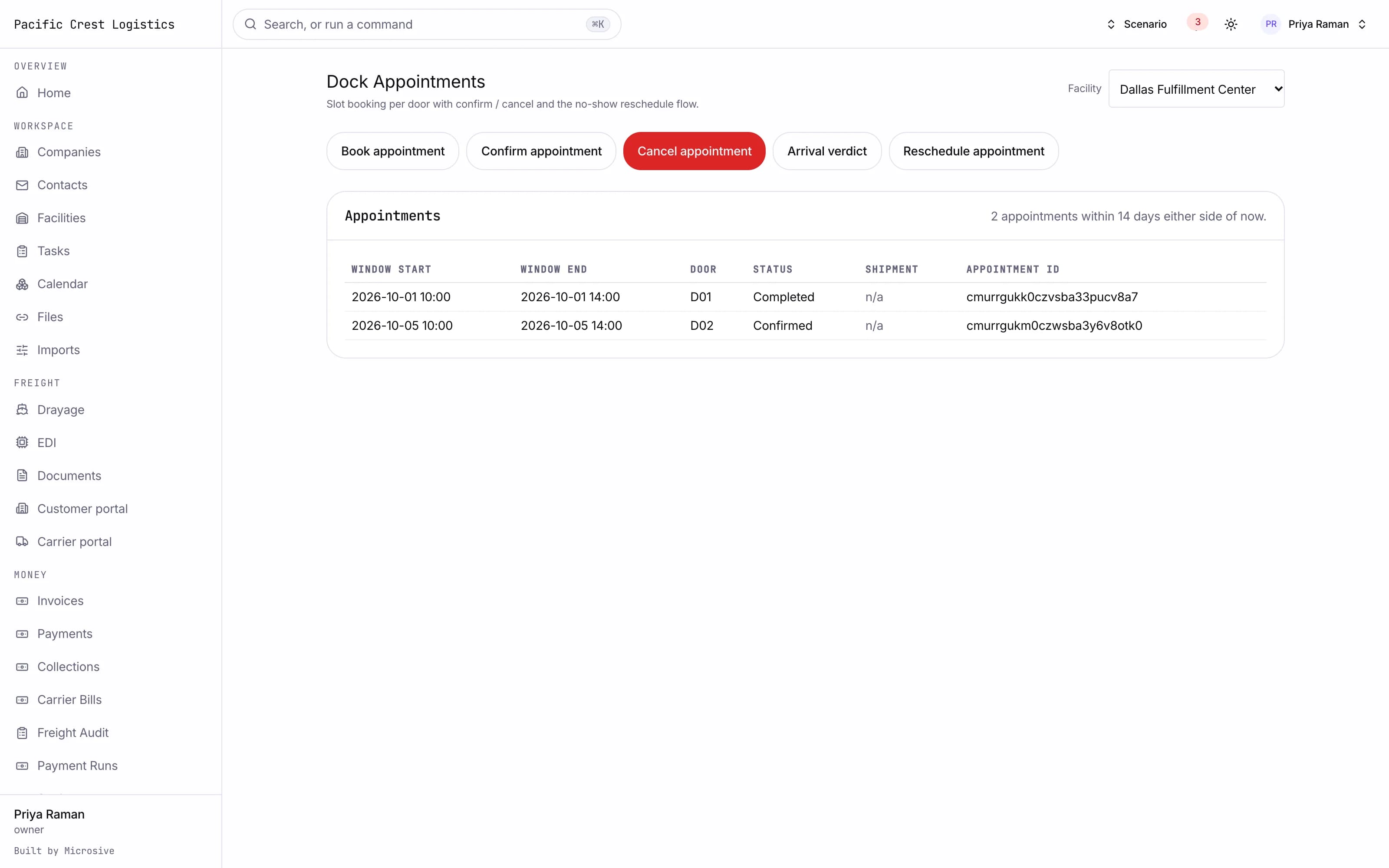 Dock appointments list showing booked windows and doors
