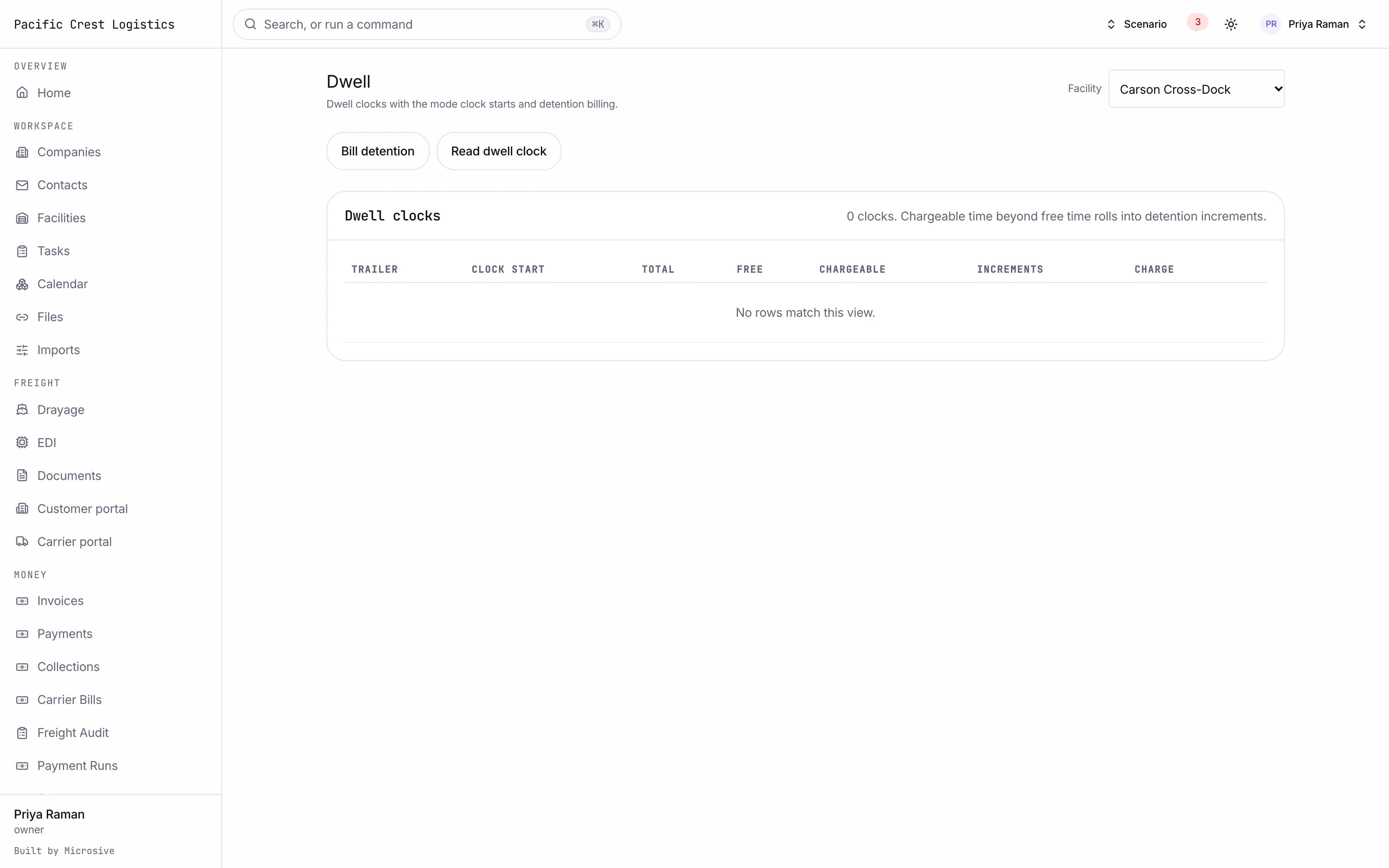 Dwell page with facility filter, bill detention actions and the clock table