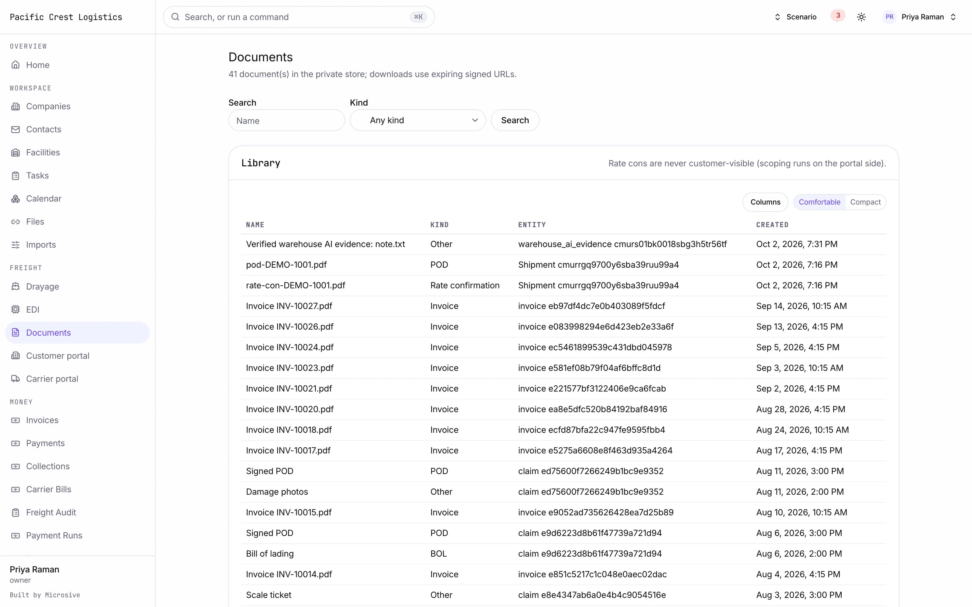 Document center library with rate confirmation, PODs, bills of lading and invoices