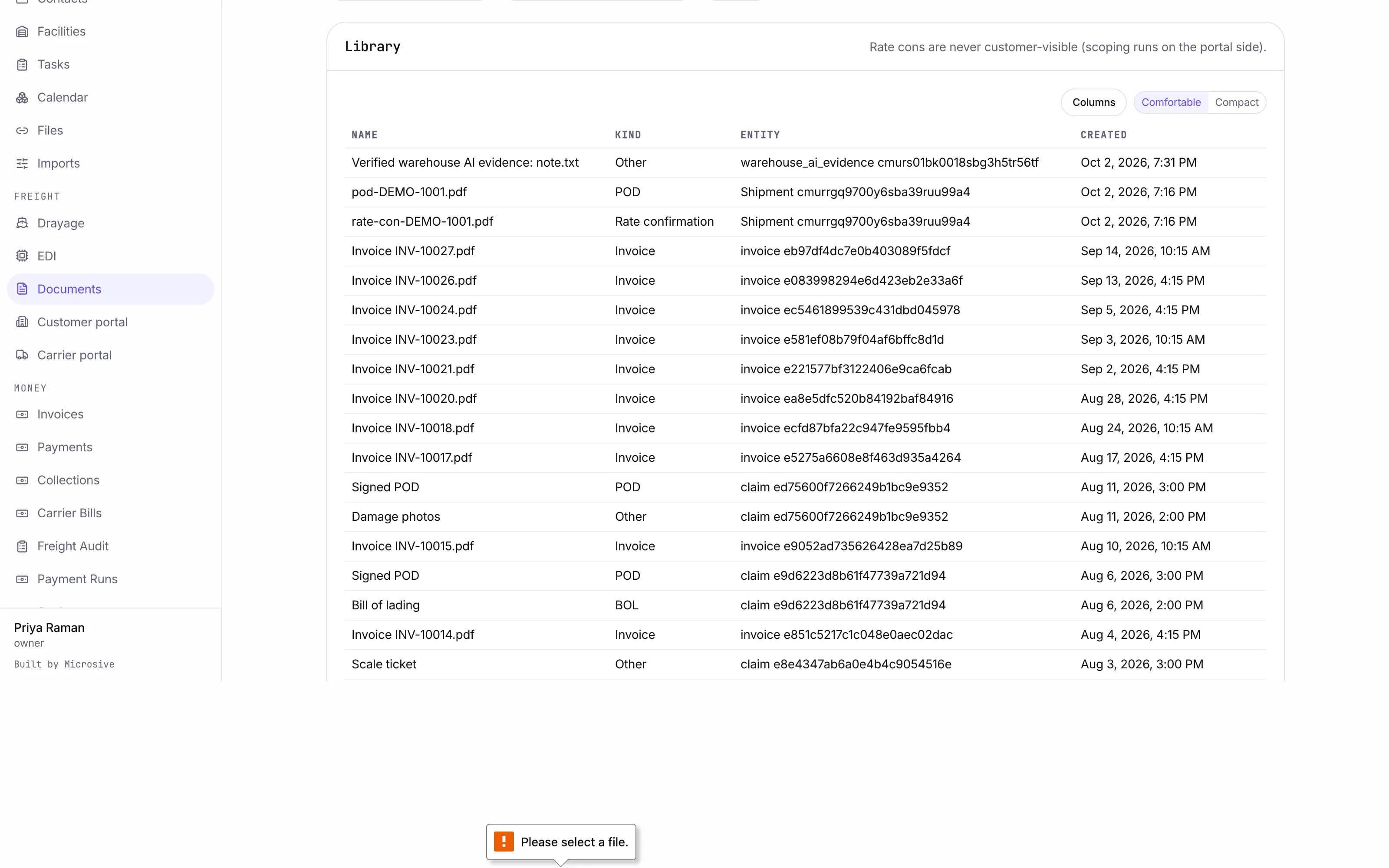 Upload validating and being classified against a shipment