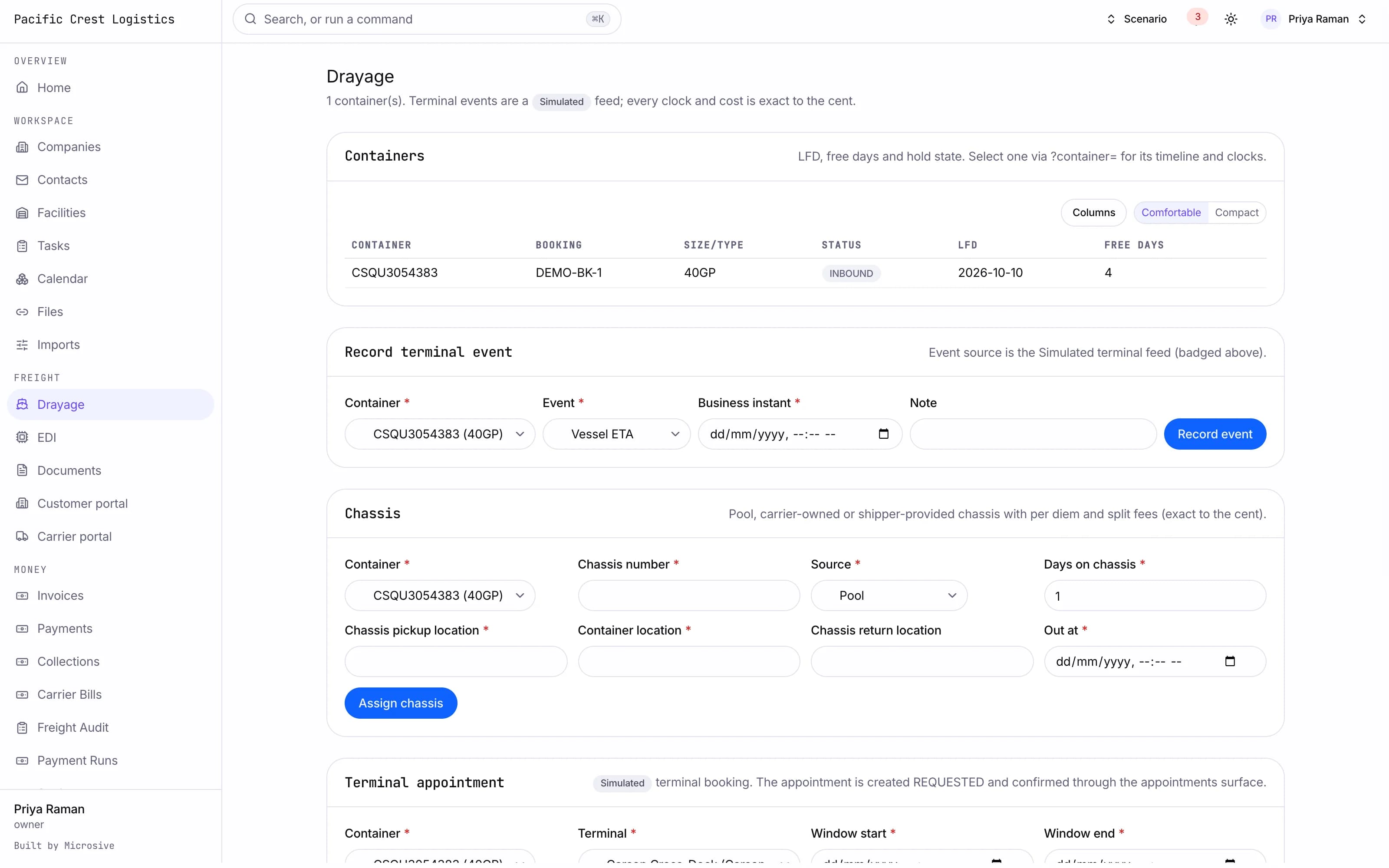 Container timeline with availability, holds and outgate
