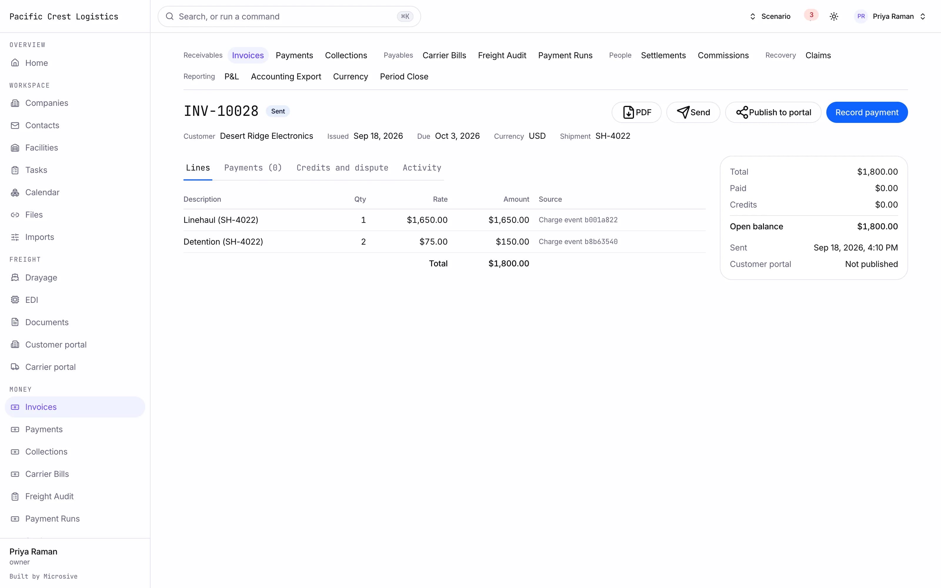 Invoice raised from a delivered shipment with the portal copy