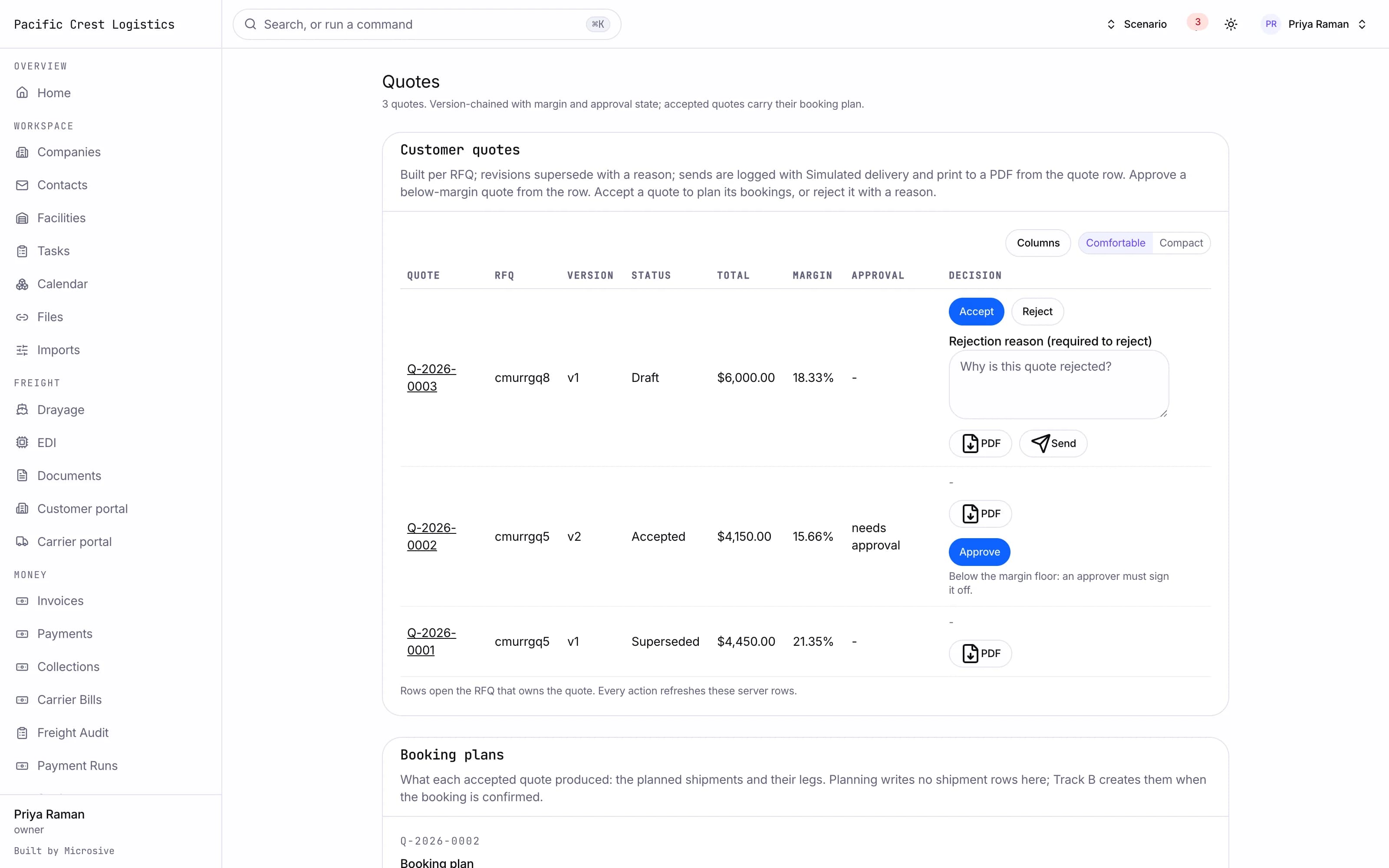 Quote versions with a diff beside the portal preview