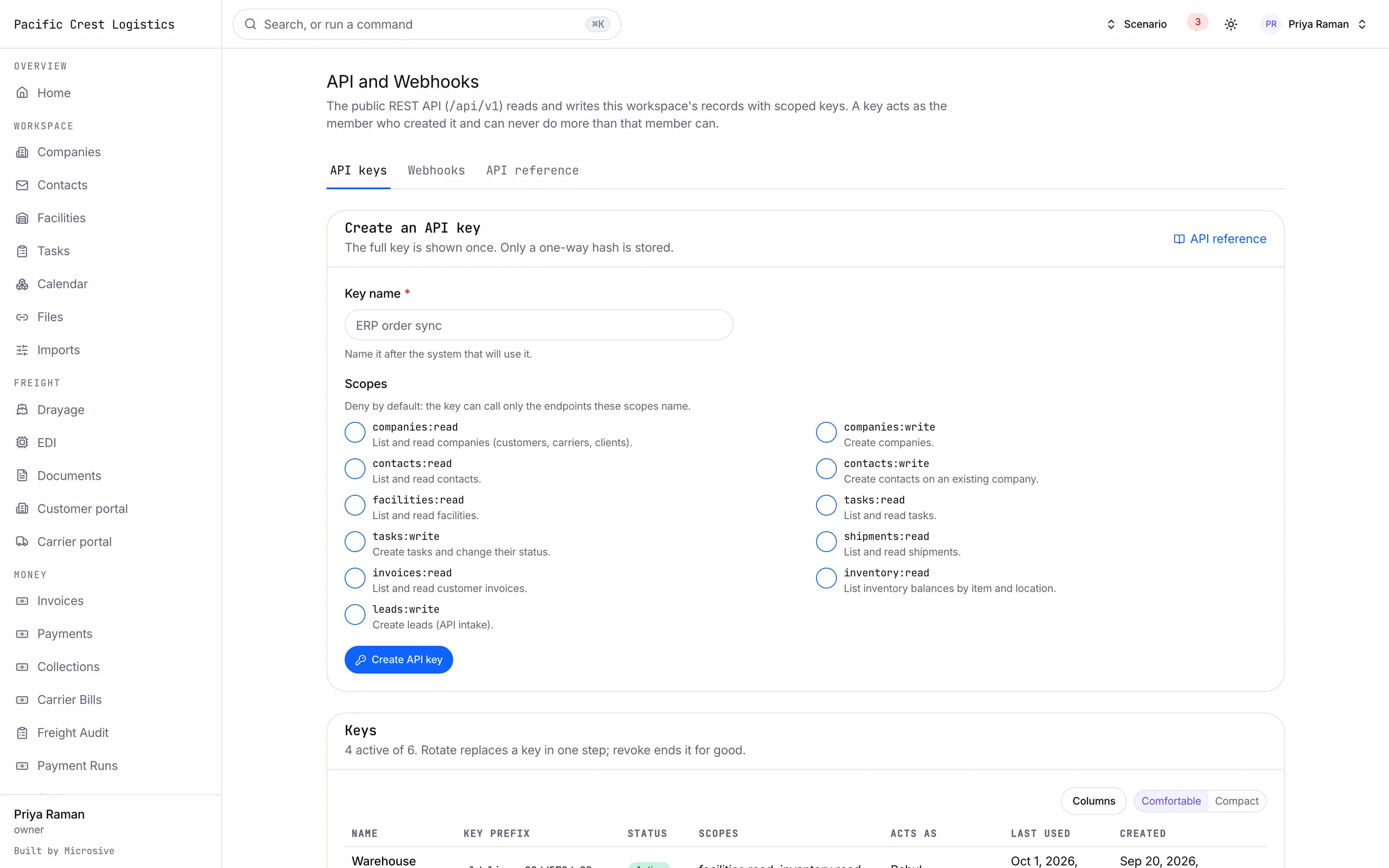 API key creation with scopes and a first documented call