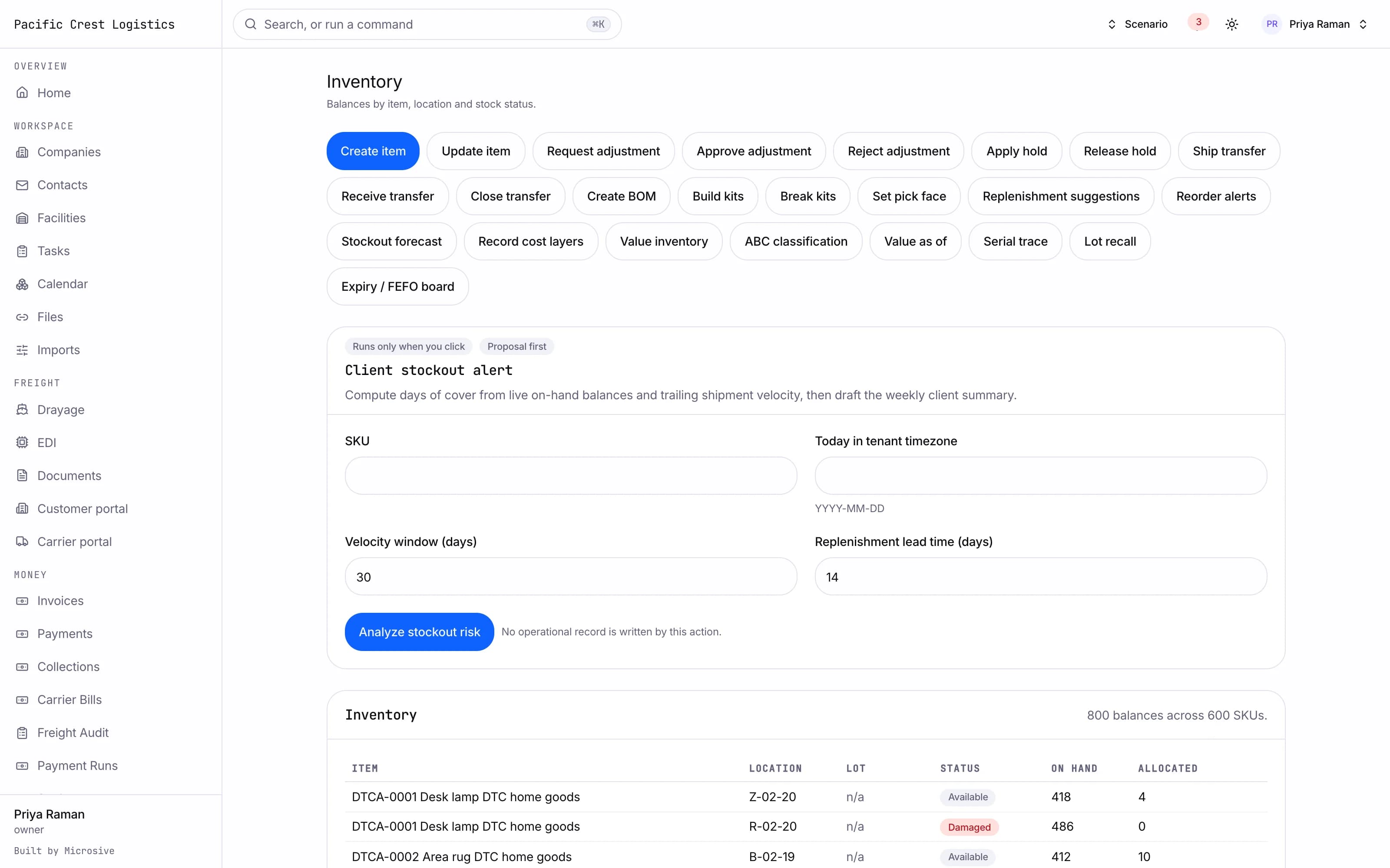 Inventory balances by client and location with lot and expiry detail