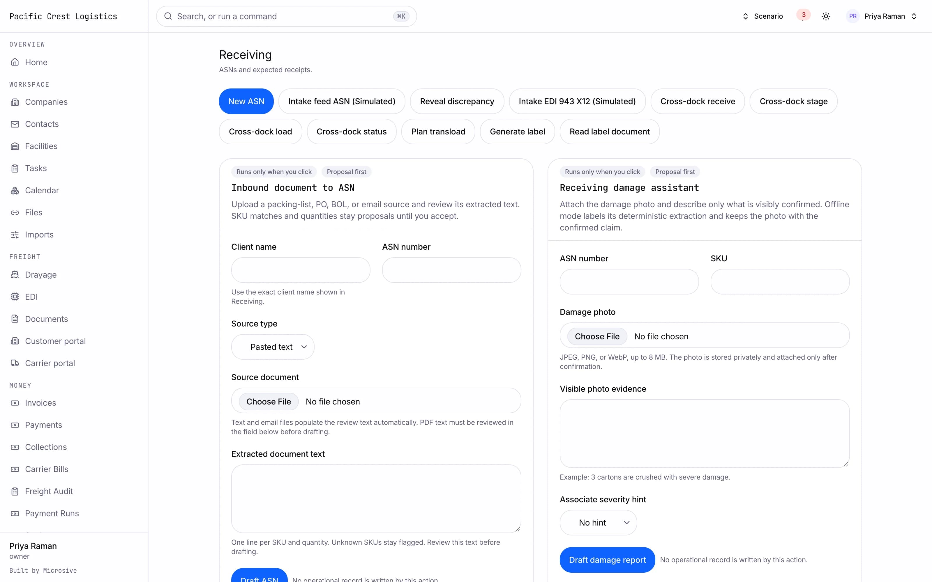 Receipt posting to a location balance with the ledger entry beside it