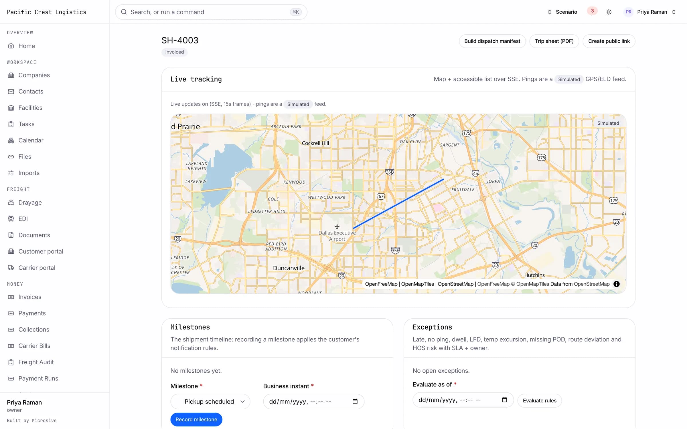 Live map with vehicle clusters and a public tracking link
